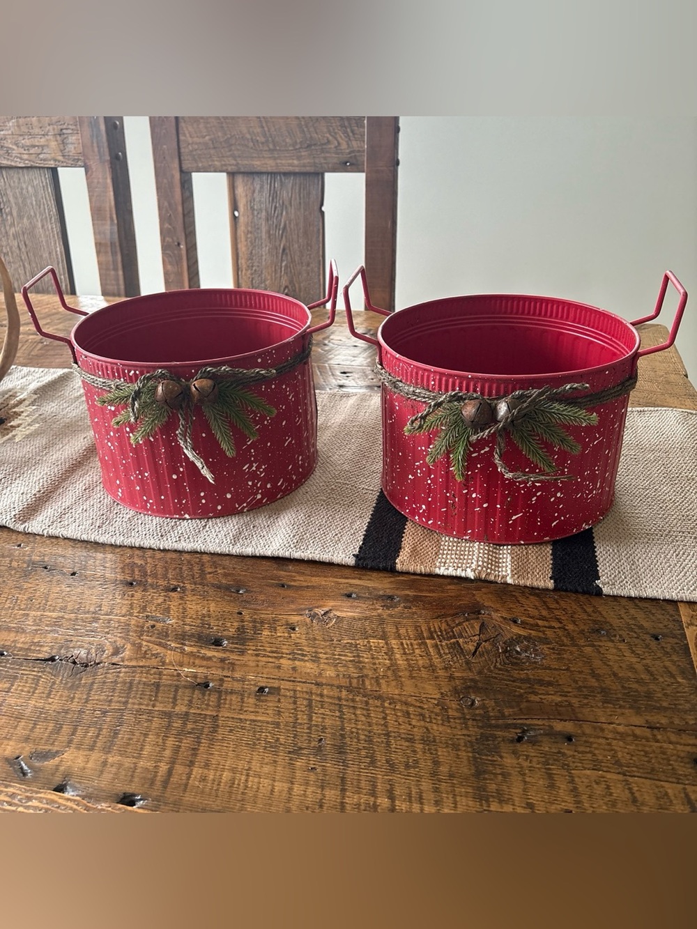 Red Holiday Rustic Metal Buckets with Pine Accent (Pair)